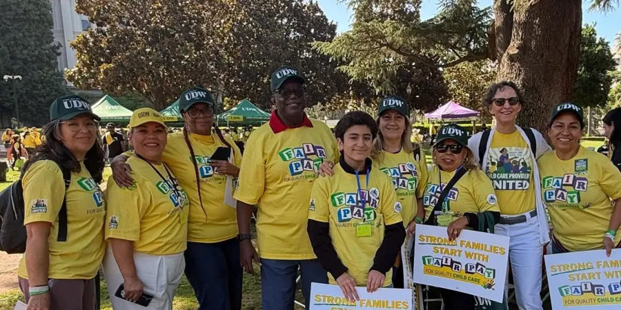 Child Care Providers United members gather before a rally at the California state Capitol.